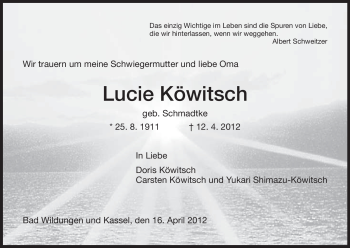 Traueranzeige von Lucie Köwitsch von HNA