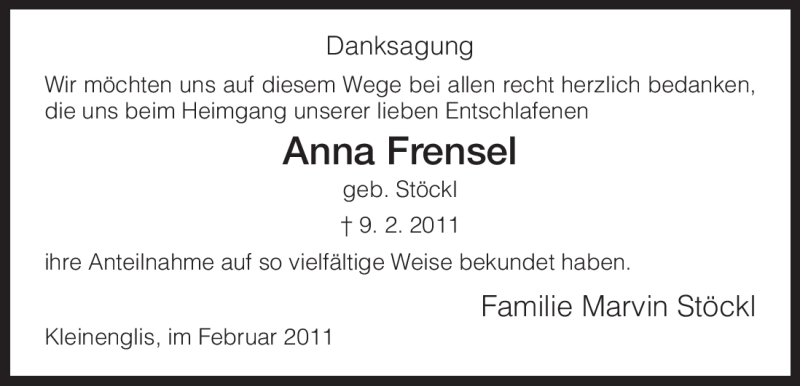  Traueranzeige für Anna Frensel vom 23.02.2011 aus HNA