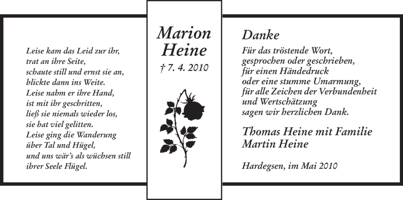  Traueranzeige für Marion Heine vom 15.05.2010 aus HNA