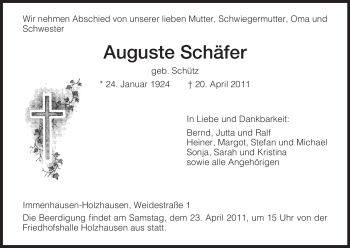 Traueranzeige von Auguste Schäfer von HNA