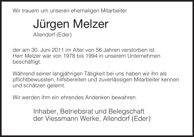  Traueranzeige für Jürgen Melzer vom 05.07.2011 aus HNA