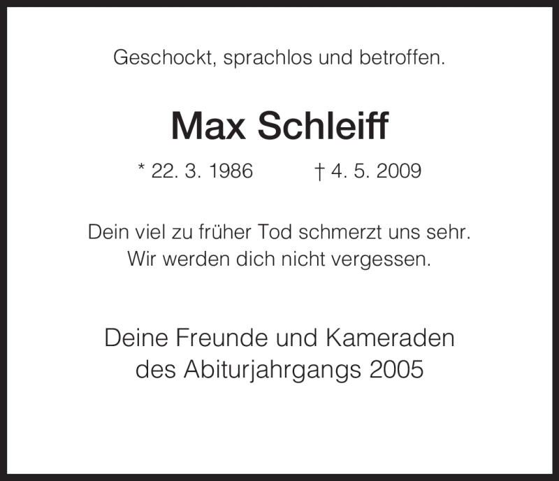  Traueranzeige für Max Schleiff vom 11.05.2009 aus HNA