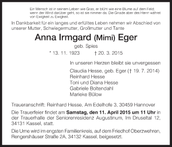 Traueranzeige von Anna Irmgard Eger von HNA