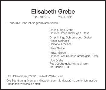 Traueranzeige von Elisabeth Grebe von HNA