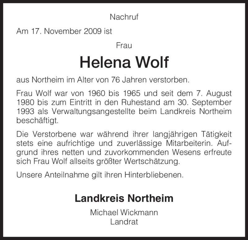  Traueranzeige für Helena Wolf vom 24.11.2009 aus HNA