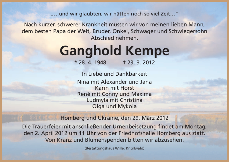  Traueranzeige für Ganghold Kempe vom 29.03.2012 aus HNA