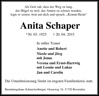 Traueranzeige von Anita Schaper von HNA