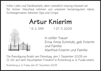 Traueranzeige von Artur Knierim von HNA