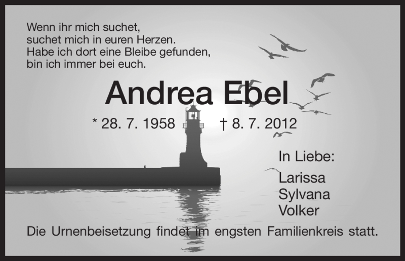  Traueranzeige für Andrea Ebel vom 11.07.2012 aus HNA