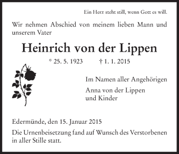 Traueranzeige von Heinrich von der Lippen von HNA