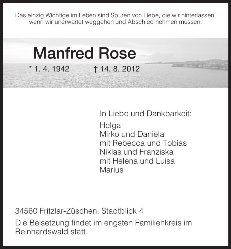  Traueranzeige für Manfred Rose vom 18.08.2012 aus HNA