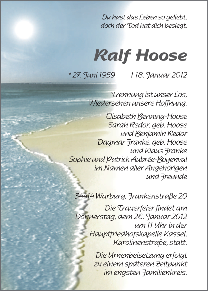  Traueranzeige für Ralf Hoose vom 21.01.2012 aus HNA