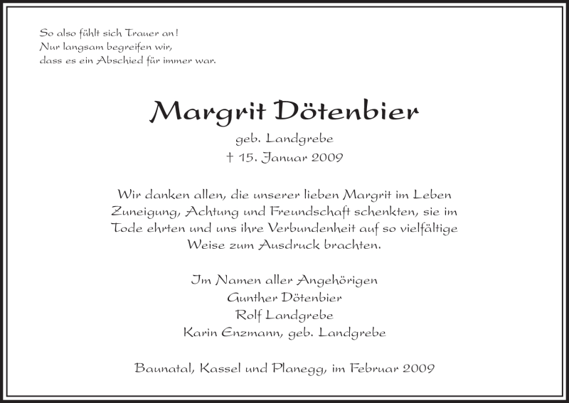  Traueranzeige für Margrit Dötenbier vom 21.02.2009 aus HNA