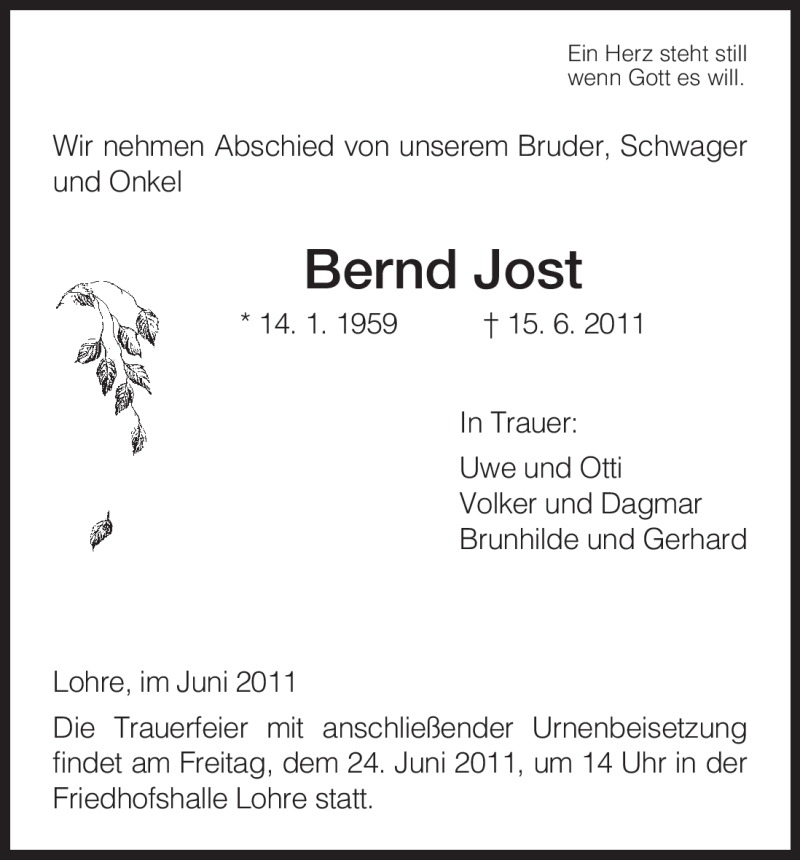 Traueranzeige für Bernd Jost vom 21.06.2011 aus HNA