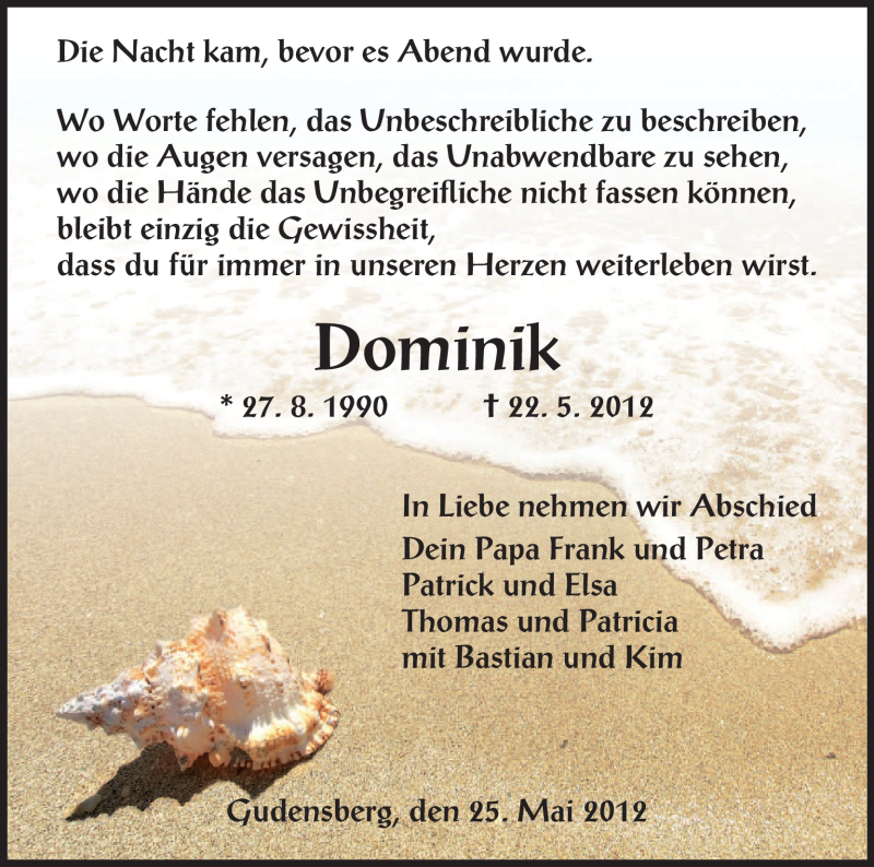  Traueranzeige für Dominik Braun vom 25.05.2012 aus HNA
