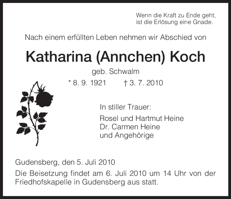 Traueranzeigen Von Katharina Koch Trauer Hna De