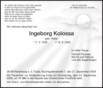 Traueranzeige von Ingeborg Kolossa von HNA