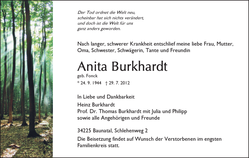  Traueranzeige für Anita Burkhardt vom 04.08.2012 aus HNA