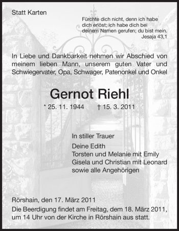 Traueranzeige von Gernot Riehl von HNA