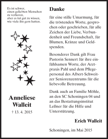 Traueranzeige von Anneliese Walleit von HNA