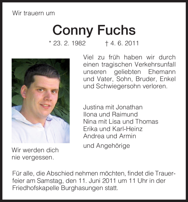  Traueranzeige für Conny Fuchs vom 08.06.2011 aus HNA