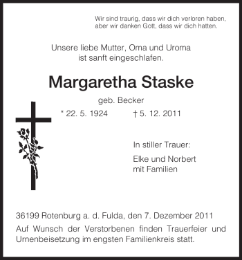 Traueranzeige von Margaretha Staske von HNA