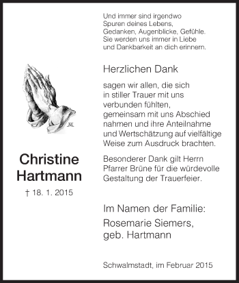 Traueranzeige von Christine Hartmann von HNA