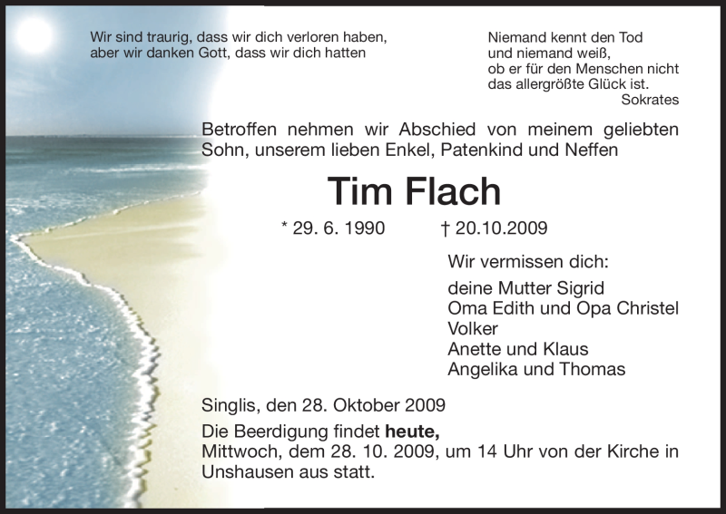  Traueranzeige für Tim Flach vom 28.10.2009 aus HNA