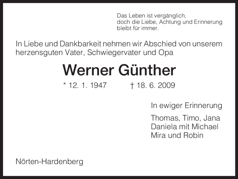  Traueranzeige für Werner Günther vom 20.06.2009 aus HNA
