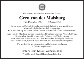 Traueranzeige von Gero von der Malsburg von HNA