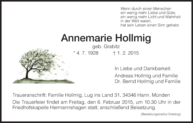  Traueranzeige für Annemarie Hollmig vom 04.02.2015 aus HNA