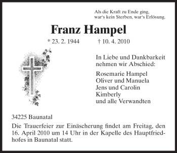 Traueranzeige von Franz Hampel von HNA