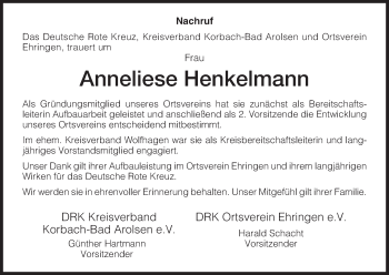 Traueranzeige von Anneliese Henkelmann von HNA