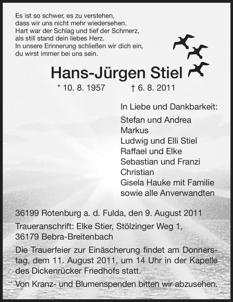  Traueranzeige für Hans-Jürgen Stiel vom 09.08.2011 aus HNA