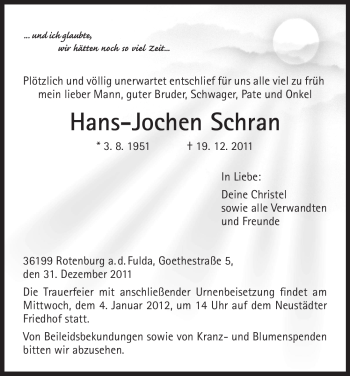 Traueranzeige von Hans-Jochen Schran von HNA