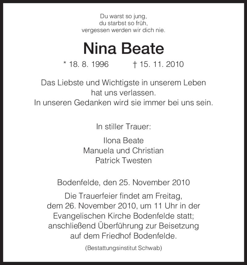 Traueranzeige für Nina Beate vom 25.11.2010 aus HNA