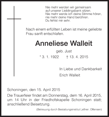 Traueranzeige von Anneliese Walleit von HNA