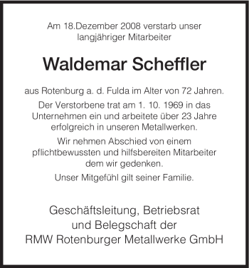 Traueranzeige von Waldemar Scheffler von HNA