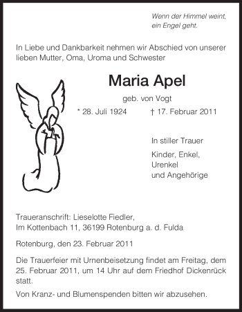 Traueranzeige von Maria Apel von HNA