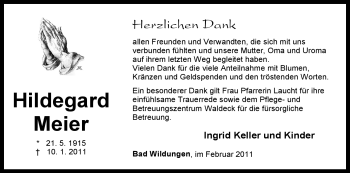 Traueranzeige von Hildegard Meier von HNA