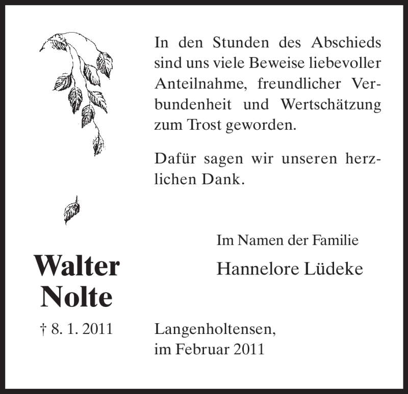  Traueranzeige für Walter Nolte vom 05.02.2011 aus HNA