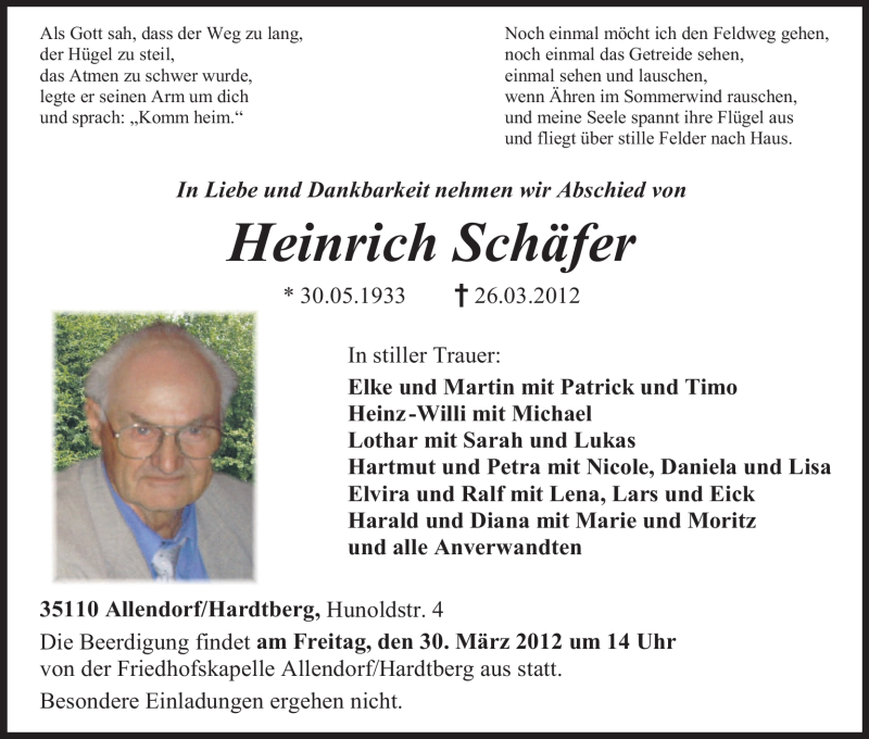  Traueranzeige für Heinrich Schäfer vom 29.03.2012 aus HNA