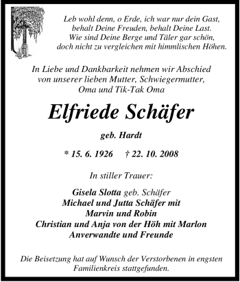 Traueranzeige von Elfriede Schäfer von HNA