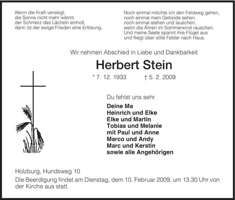  Traueranzeige für Herbert Stein vom 09.02.2009 aus HNA