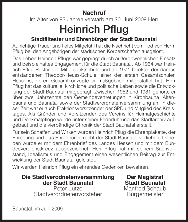  Traueranzeige für Heinrich Pflug vom 25.06.2009 aus HNA