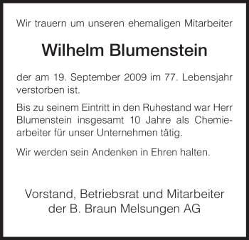 Traueranzeige von Wilhelm Blumenstein von HNA