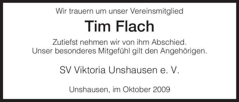  Traueranzeige für Tim Flach vom 28.10.2009 aus HNA