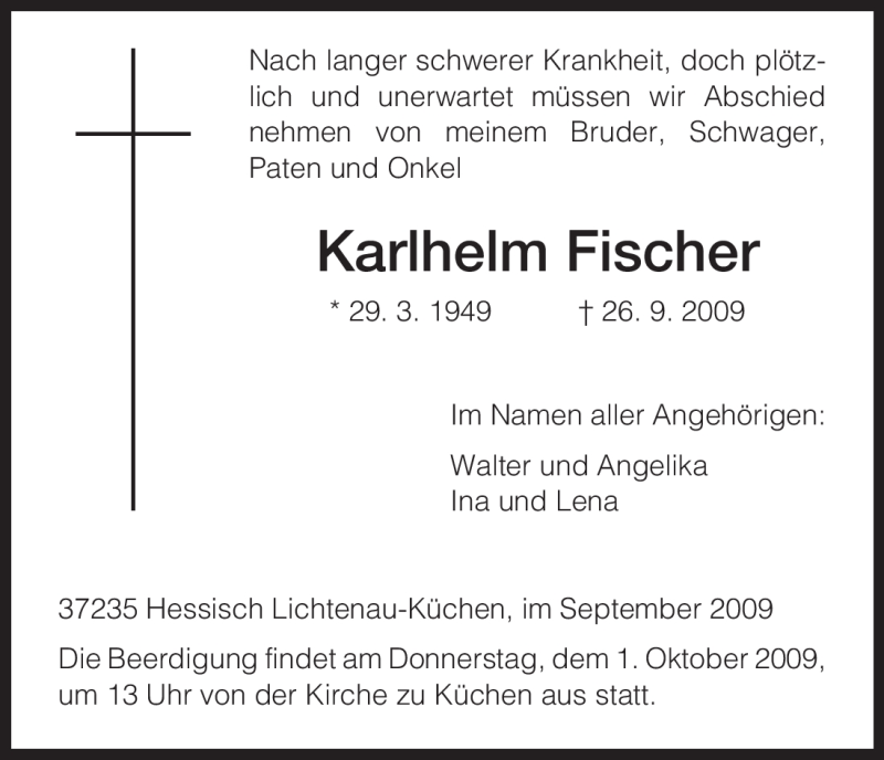  Traueranzeige für Karlhelm Fischer vom 29.09.2009 aus HNA