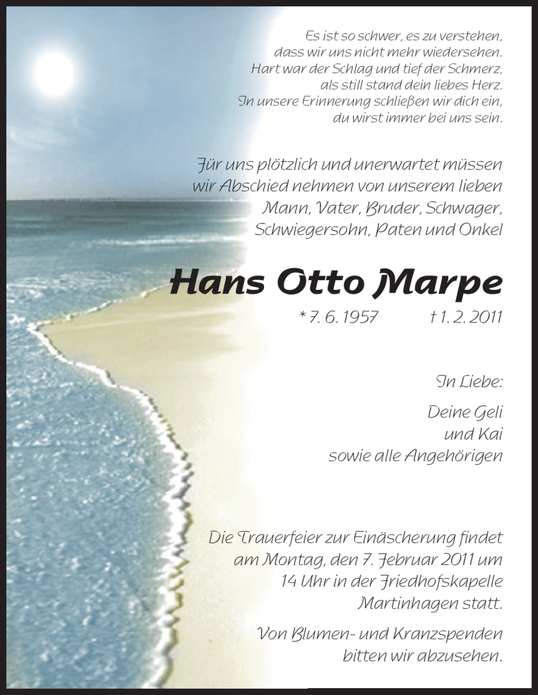  Traueranzeige für Hans Otto Marpe vom 05.02.2011 aus HNA