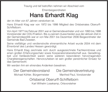 Traueranzeige von Hans Erhardt Klag von HNA